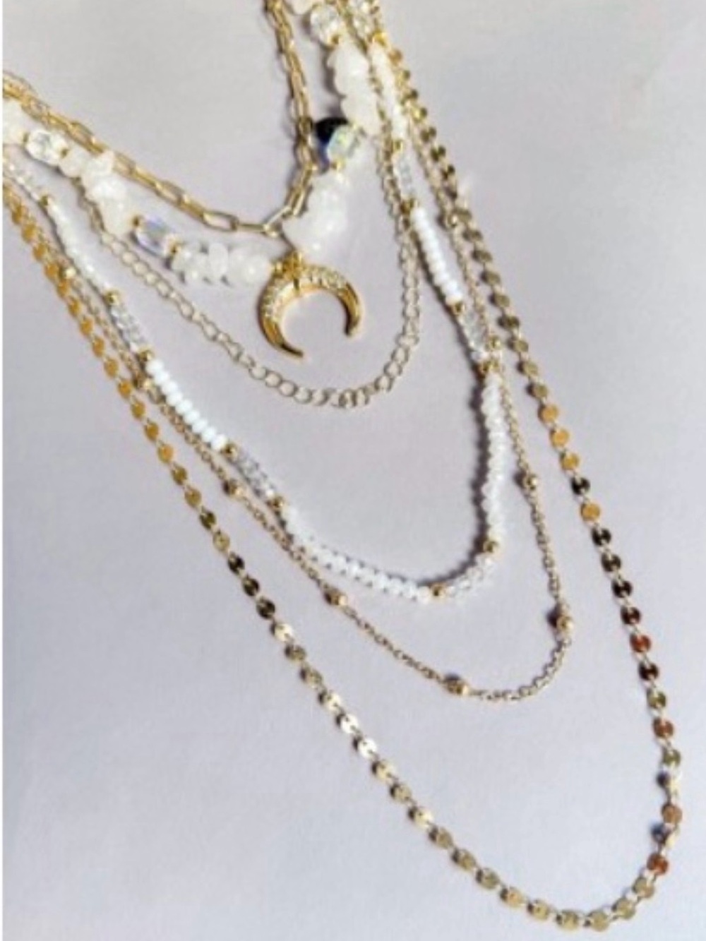 NWT Dylan Jewelry Rhodes Ivory Necklace Layered Gold Tone Crescent Pendant Chain